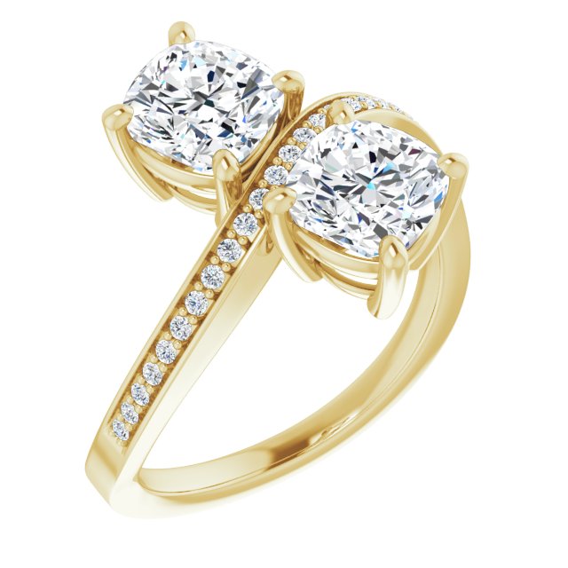 10K Yellow Gold Customizable 2-stone Cushion Cut Bypass Design with Thin Twisting Shared Prong Band