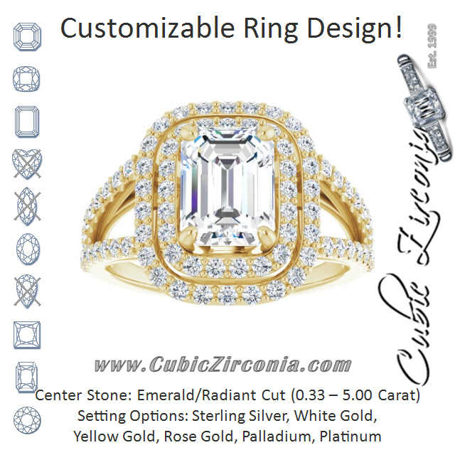 Cubic Zirconia Engagement Ring- The Carly Anne (Customizable Emerald Cut Design with Double Halo and Wide Split-Pavé Band)