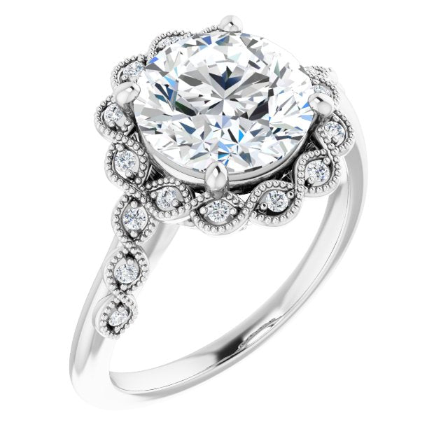 14K White Gold Customizable 3-stone Design with Round Cut Center and Halo Enhancement