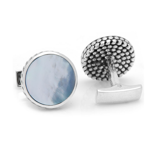 Men’s Cufflinks- Sterling Silver Round Scaled with Blue Mother of Pearl
