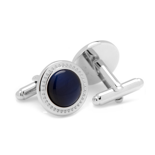 Men’s Cufflinks- Navy Blue Catseye with Etched Circular Border
