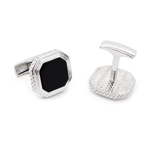 Men’s Cufflinks- Black Octagon-Cut Onyx Opus Style with Sterling Silver Frame