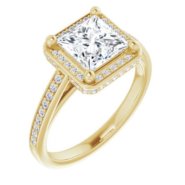 10K Yellow Gold Customizable Cathedral-Halo Princess/Square Cut Design with Under-halo & Shared Prong Band
