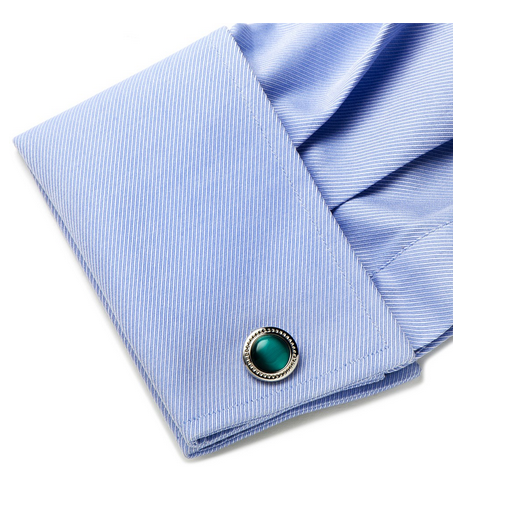 Men’s Cufflinks- Emerald Green Catseye with Etched Circular Border