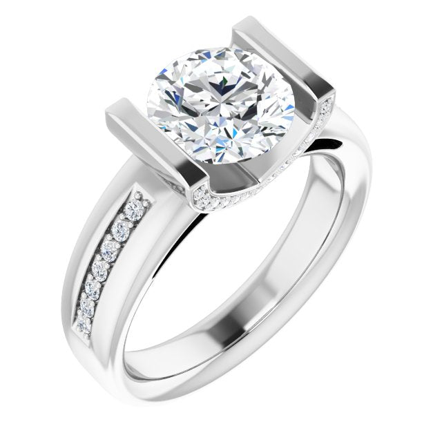 14K White Gold Customizable Cathedral-Bar Round Cut Design featuring Shared Prong Band and Prong Accents