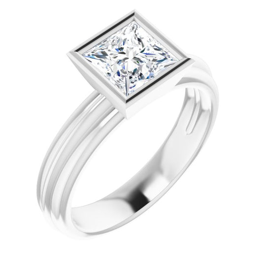 10K White Gold Customizable Bezel-set Princess/Square Cut Solitaire with Grooved Band