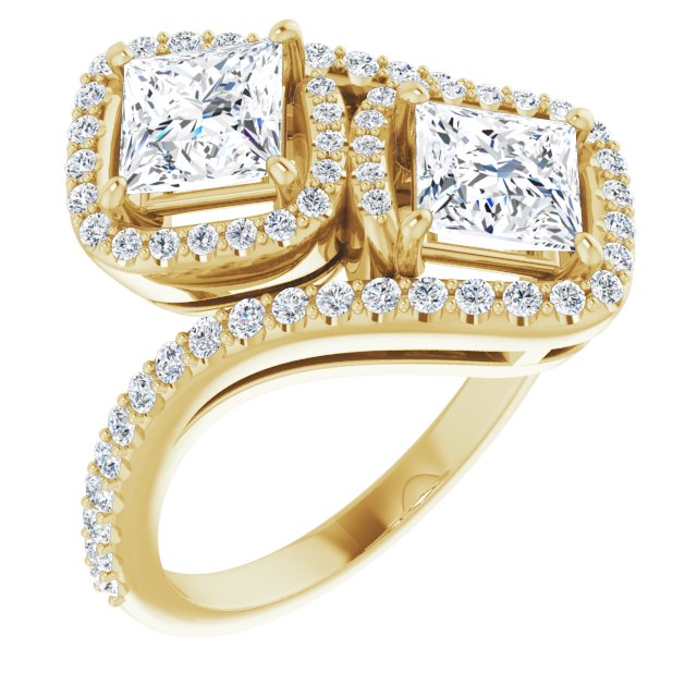 10K Yellow Gold Customizable Double Princess/Square Cut 2-Stone Style Enhanced with Accented Artisan Bypass Band