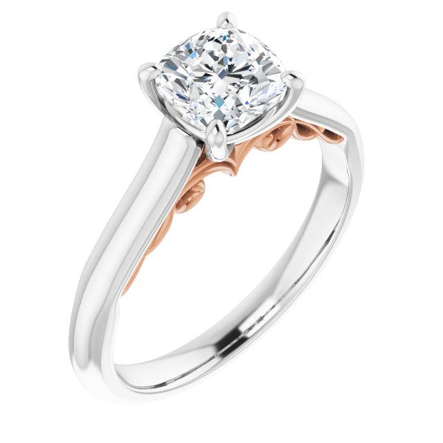 14K White & Rose Gold Customizable Cushion Cut Cathedral Solitaire with Two-Tone Option Decorative Trellis 'Down Under'