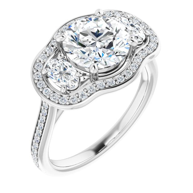 Cubic Zirconia Engagement Ring- The Dulce (Customizable Round Cut Style with Oval Cut Accents, 3-stone Halo & Thin Shared Prong Band)