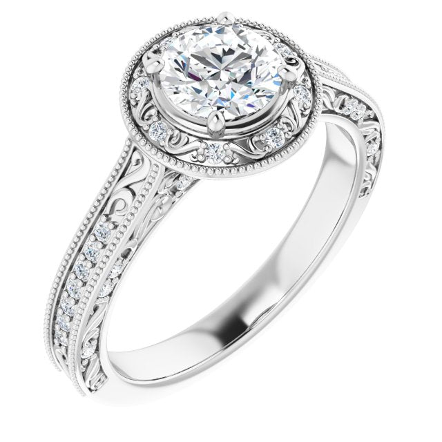 10K White Gold Customizable Vintage Artisan Round Cut Design with 3-Sided Filigree and Side Inlay Accent Enhancements