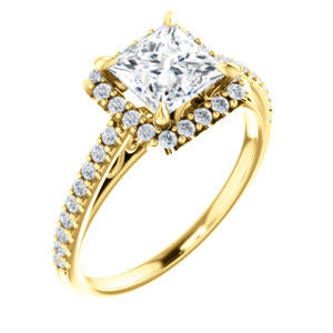 Cubic Zirconia Engagement Ring- The Sunshine (Customizable Princess Cut Halo Design with Vintage Cathedral Trellis and Thin Pavé Band)