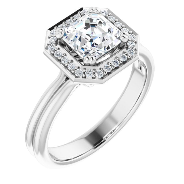 10K White Gold Customizable Asscher Cut Style with Scooped Halo and Grooved Band