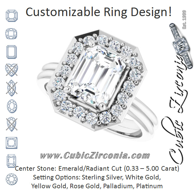 Cubic Zirconia Engagement Ring- The Gretchen (Customizable Cluster-Halo Accented Emerald Cut Style with Tapered Dual Band)