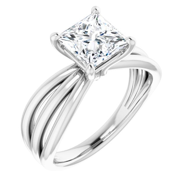 10K White Gold Customizable Princess/Square Cut Solitaire Design with Wide, Ribboned Split-band