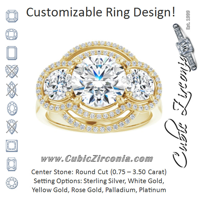 Cubic Zirconia Engagement Ring- The Fritzie (Customizable Cathedral-set Enhanced 3-stone Round Cut Design with Multidirectional Halo)