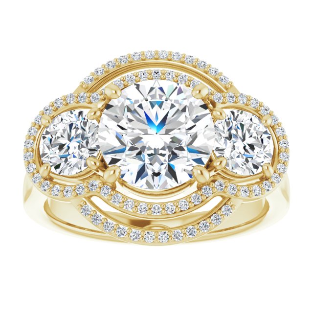 Cubic Zirconia Engagement Ring- The Fritzie (Customizable Cathedral-set Enhanced 3-stone Round Cut Design with Multidirectional Halo)