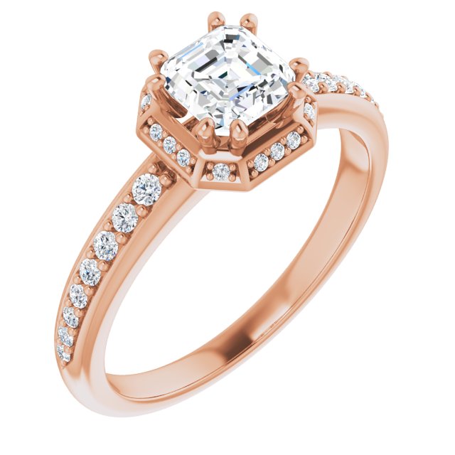 10K Rose Gold Customizable Asscher Cut Design with Geometric Under-Halo and Shared Prong Band