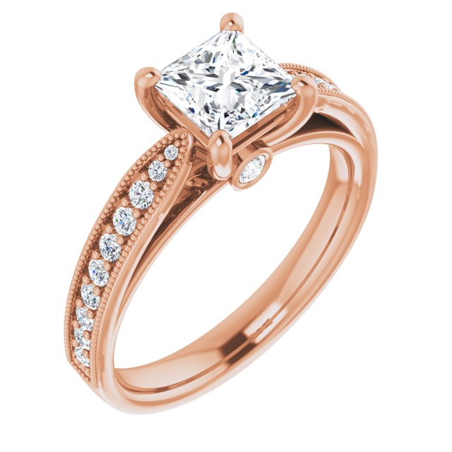 10K Rose Gold Customizable Princess/Square Cut Style featuring Milgrained Shared Prong Band & Dual Peekaboos