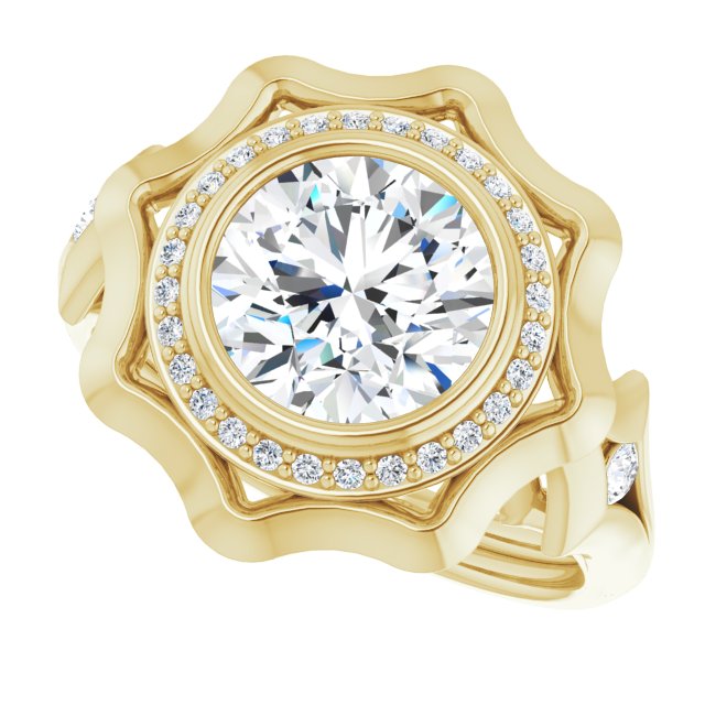 Cubic Zirconia Engagement Ring- The Jeanne (Customizable Bezel-set Round Cut with Halo & Oversized Floral Design)