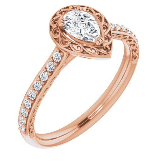 10K Rose Gold Customizable Pear Cut Halo Design with Filigree and Accented Band