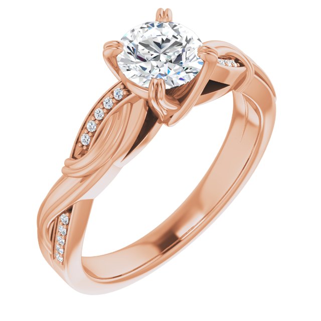 10K Rose Gold Customizable Cathedral-raised Round Cut Design featuring Rope-Braided Half-Pavé Band