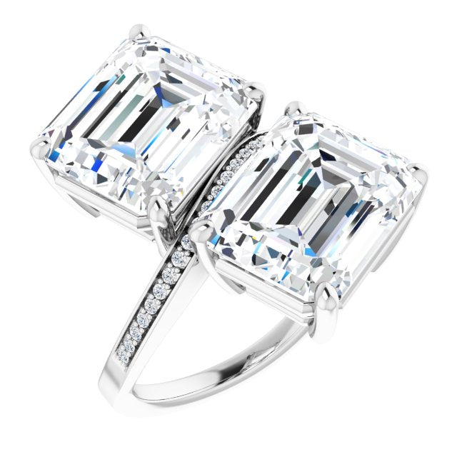 10K White Gold Customizable 2-stone Emerald/Radiant Cut Bypass Design with Thin Twisting Shared Prong Band