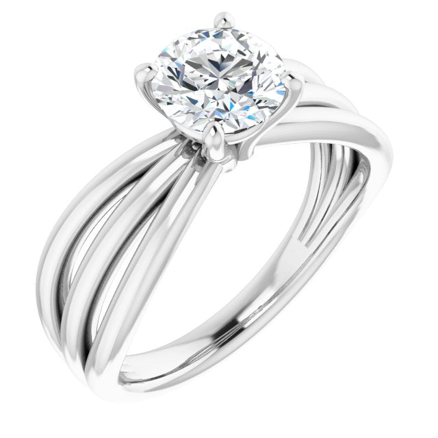 10K White Gold Customizable Round Cut Solitaire Design with Wide, Ribboned Split-band