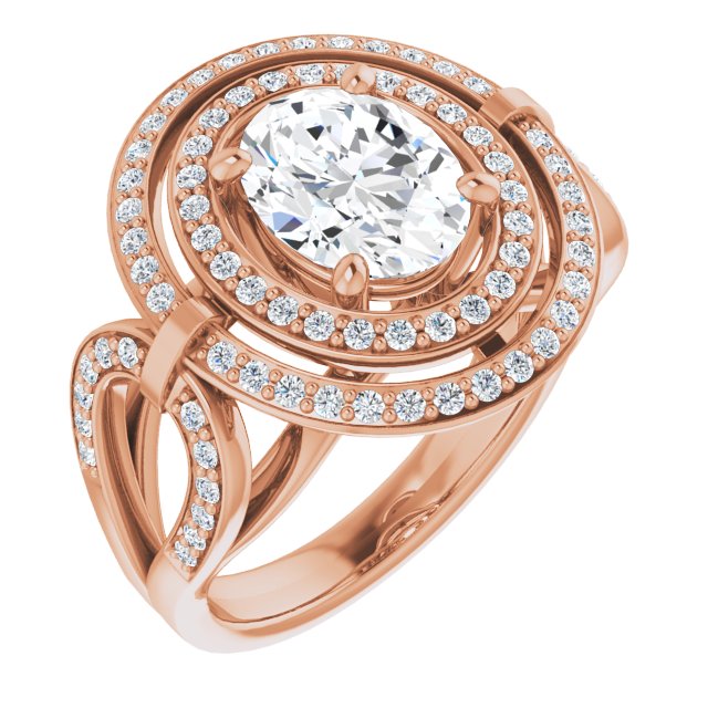 10K Rose Gold Customizable Cathedral-set Oval Cut Design with Double Halo & Accented Ultra-wide Horseshoe-inspired Split Band