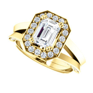 Cubic Zirconia Engagement Ring- The Jocelyn (Customizable Halo-Enhanced Emerald Cut featuring 3-side Accented Split-Band)