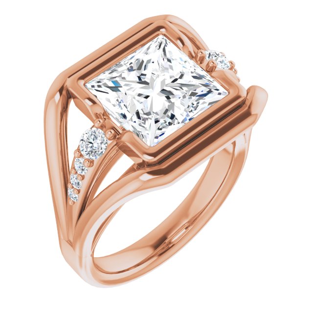 10K Rose Gold Customizable 9-stone Princess/Square Cut Design with Bezel Center, Wide Band and Round Prong Side Stones