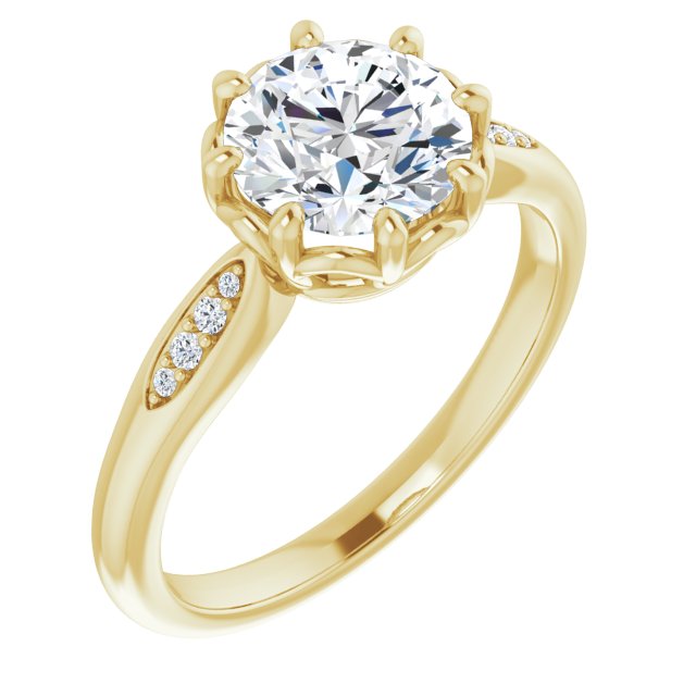 10K Yellow Gold Customizable 9-stone Round Cut Design with 8-prong Decorative Basket & Round Cut Side Stones