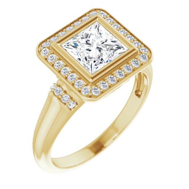 10K Yellow Gold Customizable Bezel-set Princess/Square Cut Design with Halo and Vertical Round Channel Accents