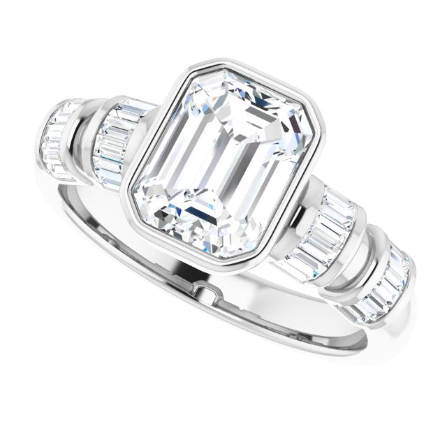 Cubic Zirconia Engagement Ring- The Astrid (Customizable Bezel-set Radiant Cut Design with Quad Horizontal Band Sleeves of Baguette Accents)