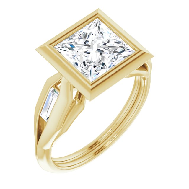 Cubic Zirconia Engagement Ring- The Claudelle (Customizable Bezel-set Princess/Square Cut Design with Wide Split Band & Tension-Channel Baguette Accents)