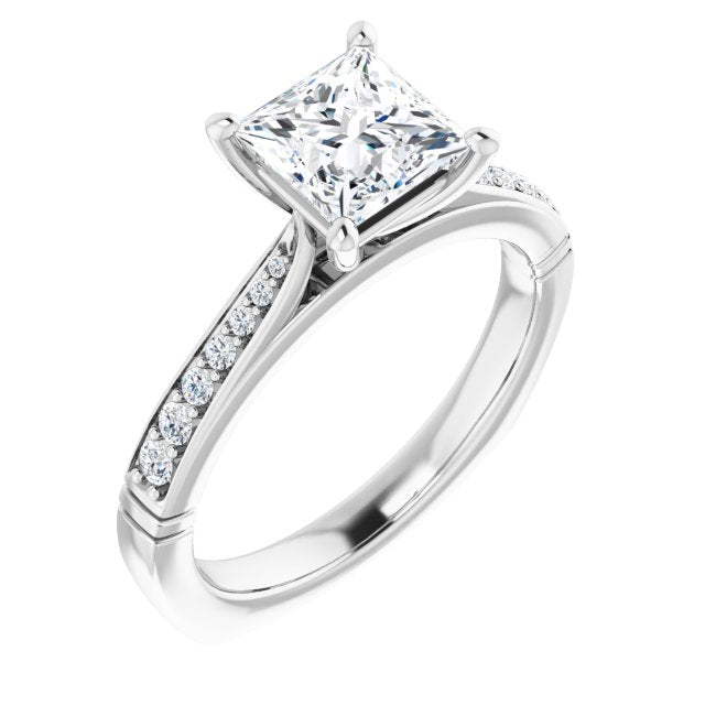 10K White Gold Customizable Princess/Square Cut Design with Tapered Euro Shank and Graduated Band Accents
