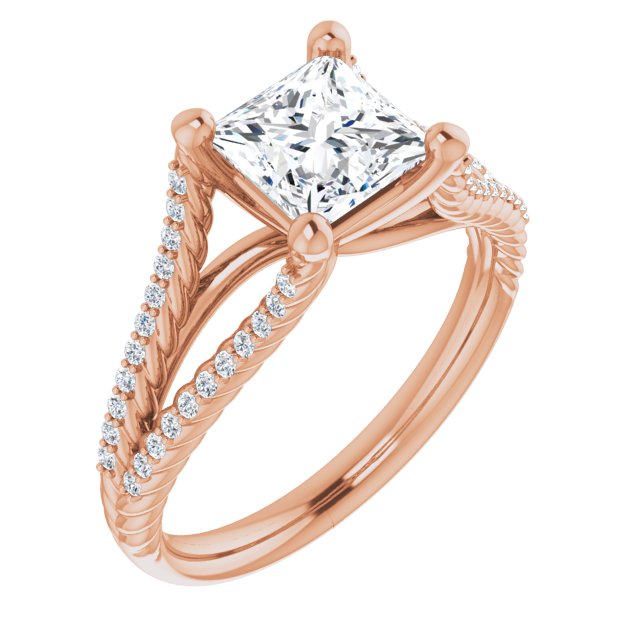 10K Rose Gold Customizable Princess/Square Cut Style with Split Band and Rope-Pavé