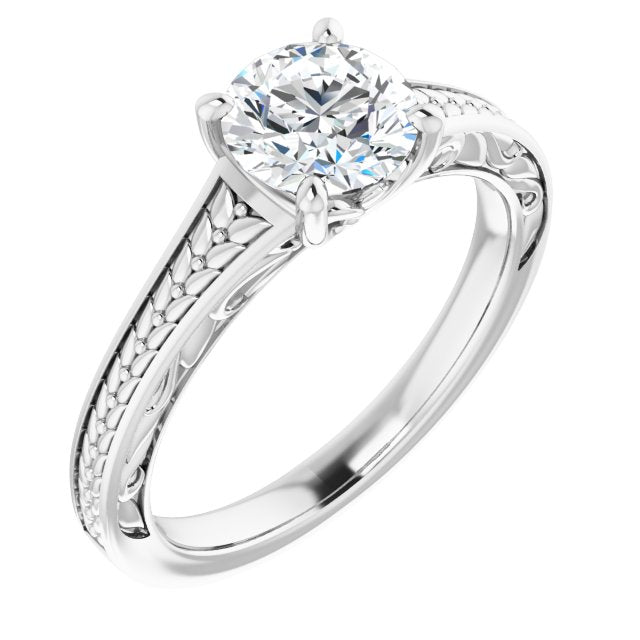 10K White Gold Customizable Round Cut Solitaire with Organic Textured Band and Decorative Prong Basket