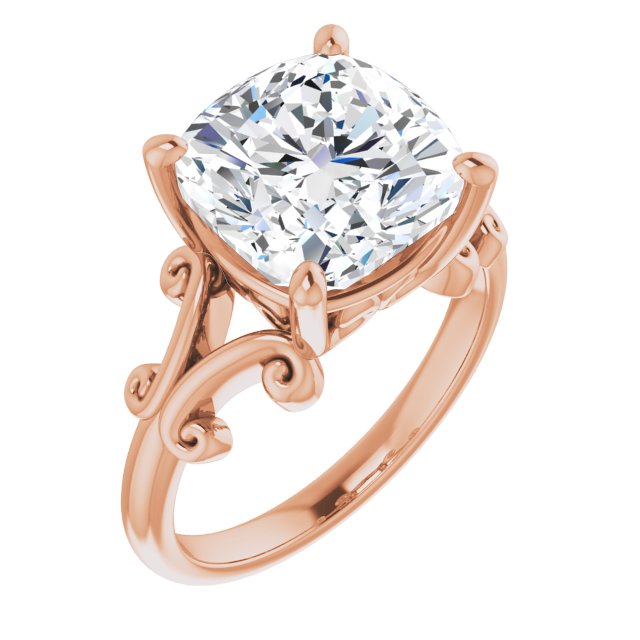 10K Rose Gold Customizable Cushion Cut Solitaire with Band Flourish and Decorative Trellis