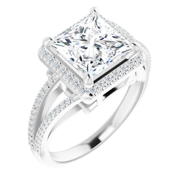 10K White Gold Customizable Princess/Square Cut Vintage Design with Halo Style and Asymmetrical Split-Pavé Band