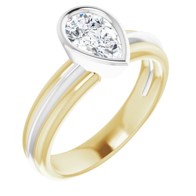 14K Yellow & White Gold Customizable Bezel-set Pear Cut Solitaire with Grooved Band