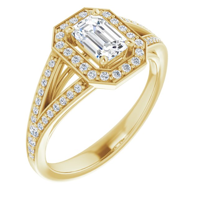 10K Yellow Gold Customizable Cathedral-Halo Emerald/Radiant Cut Style featuring Split-Shared Prong Band