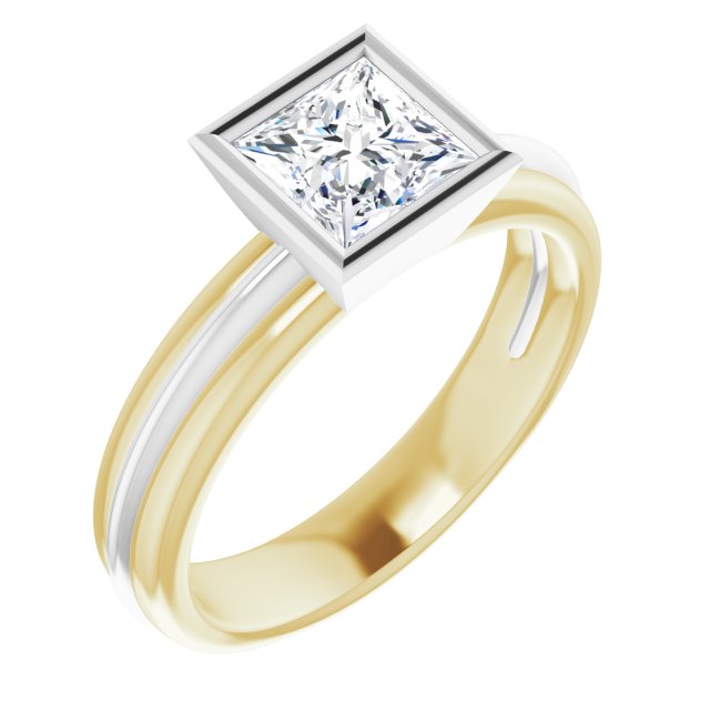 14K Yellow & White Gold Customizable Bezel-set Princess/Square Cut Solitaire with Grooved Band