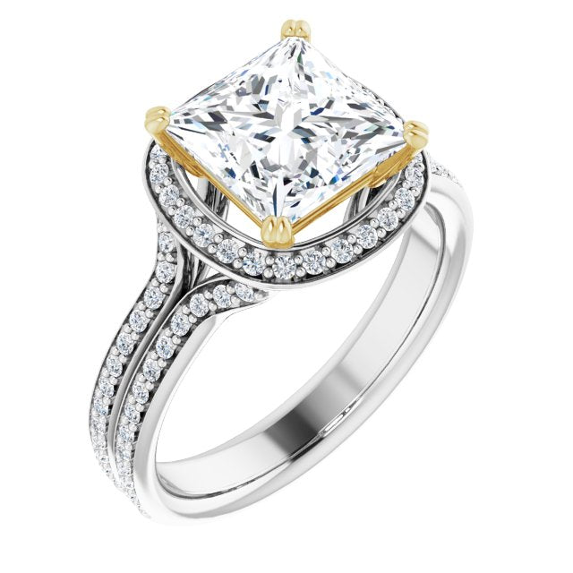 14K White & Yellow Gold Customizable Cathedral-set Princess/Square Cut Style with Split-Pav? Band