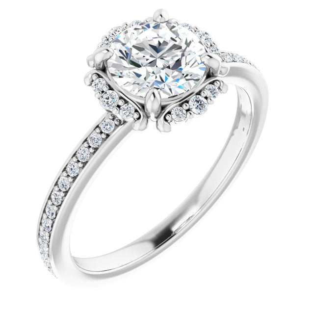10K White Gold Customizable Round Cut Style with Halo and Thin Shared Prong Band