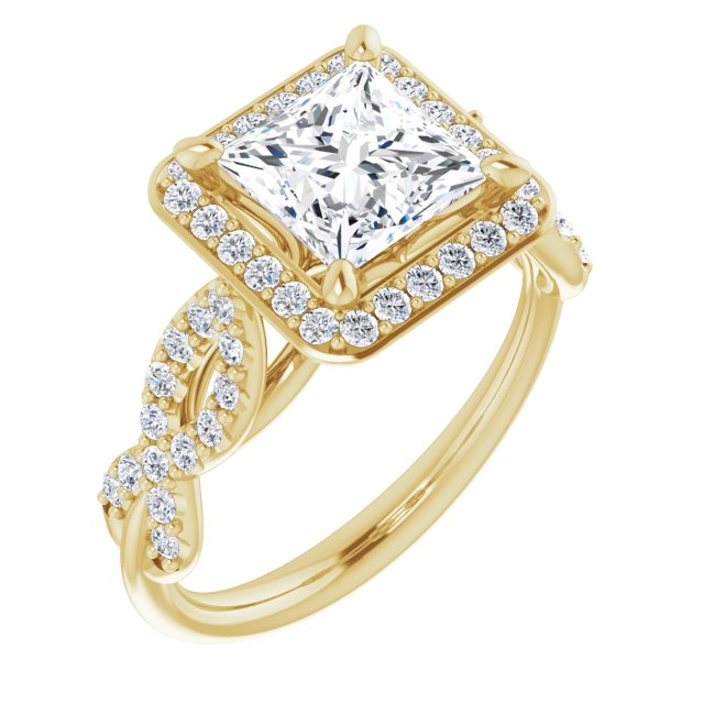 10K Yellow Gold Customizable Cathedral-Halo Princess/Square Cut Design with Artisan Infinity-inspired Twisting Pavé Band