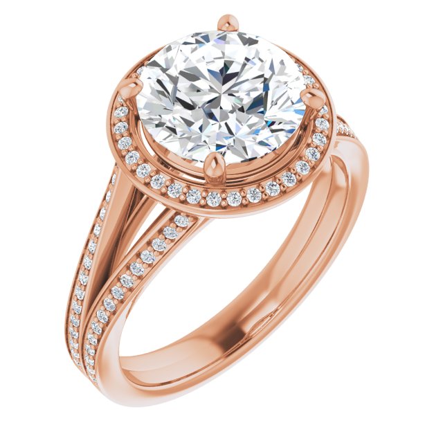 14K Rose Gold Customizable Round Cut Design with Split-Band Shared Prong & Halo