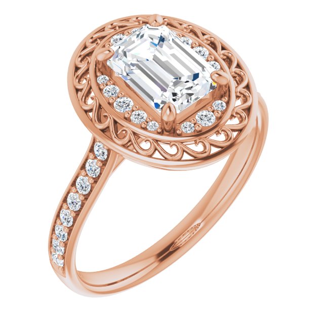 10K Rose Gold Customizable Cathedral-style Emerald/Radiant Cut featuring Cluster Accented Filigree Setting & Shared Prong Band