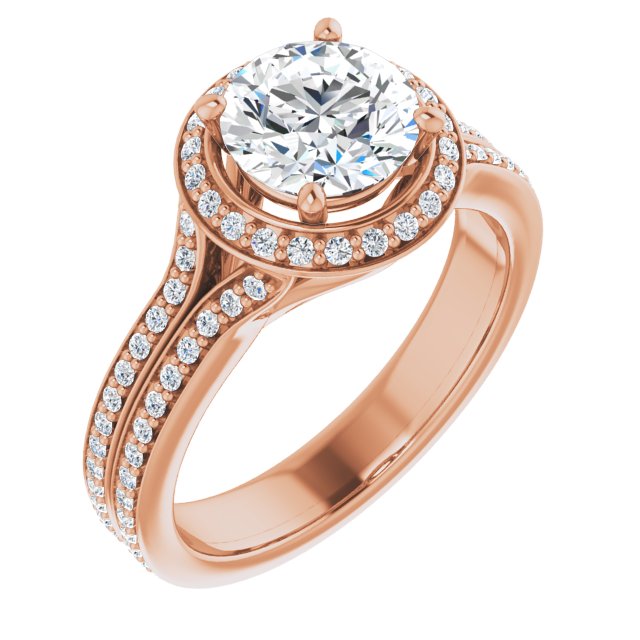 10K Rose Gold Customizable Cathedral-raised Round Cut Setting with Halo and Shared Prong Band