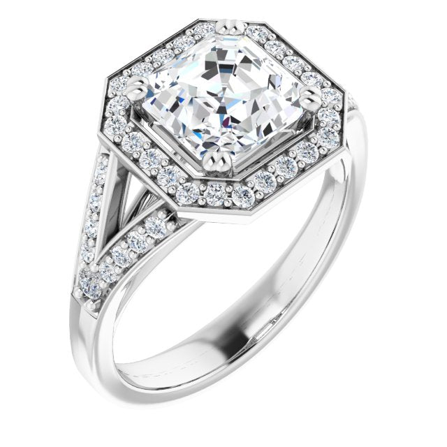Cubic Zirconia Engagement Ring- The Aryanna (Customizable Cathedral-set Asscher Cut Style with Accented Split Band and Halo)