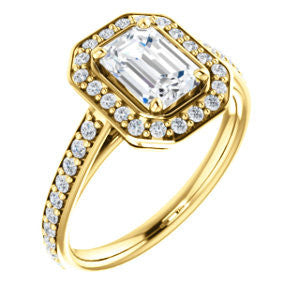 Cubic Zirconia Engagement Ring- The Margie Mae (Customizable Emerald Cut Halo-Style with Pavé Band)